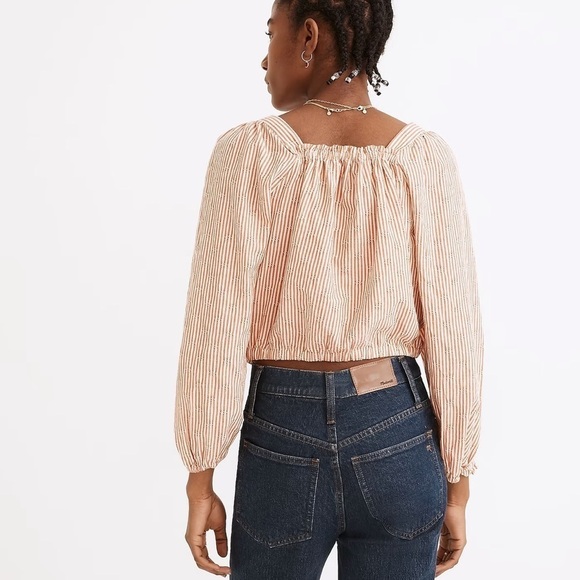 Madewell Puff-Sleeve Button-Front Crop Top in Embroidered Stripe XXS - Picture 3 of 13